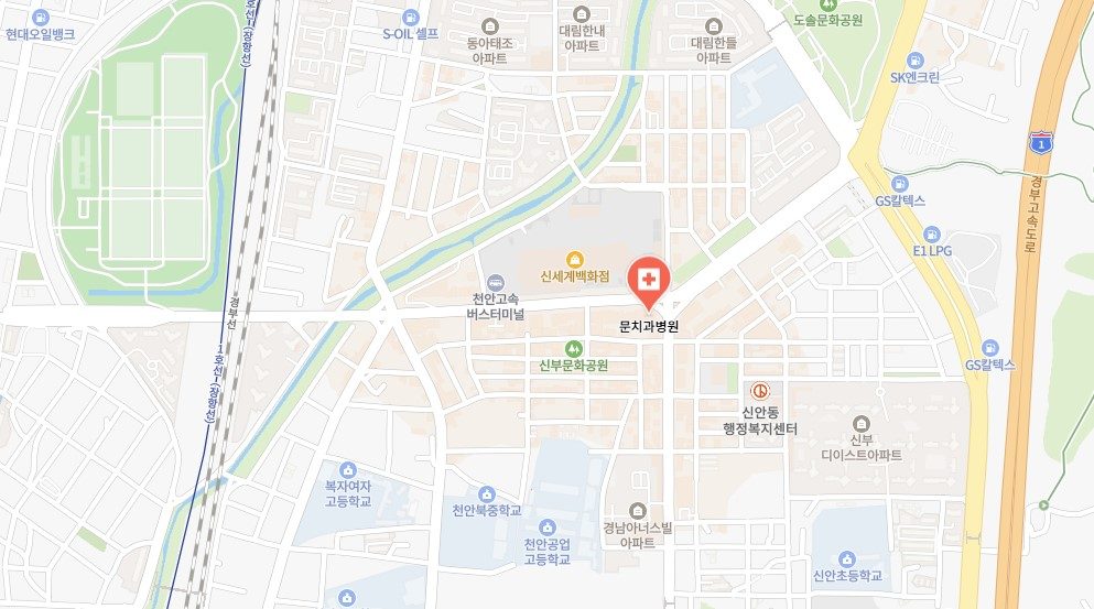문치과병원 위치 지도 — 천안고속버스터미널 · 신세계백화점 맞은편, 만남로 52 문타워