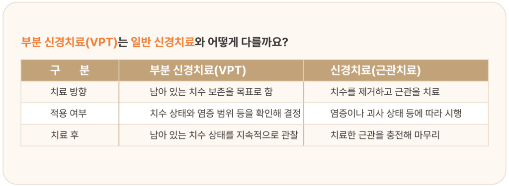 부분 신경치료 VPT와 신경치료 근관치료의 차이를 비교한 이미지