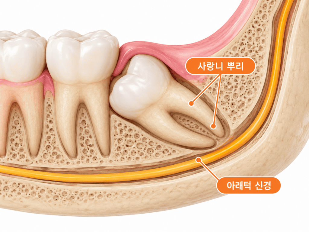 매복사랑니 뿌리와 아래턱 신경의 위치 관계